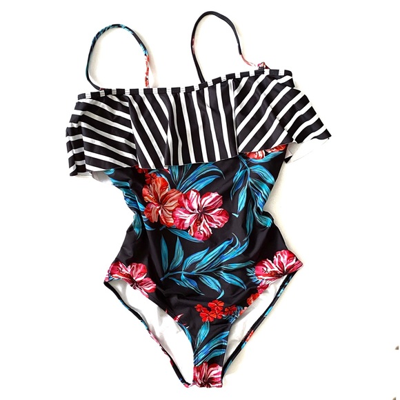 Tropical Swimwear One-Piece Swimsuit Floral Print Stripe Ruffle Top Bathing Suit - Picture 3 of 16